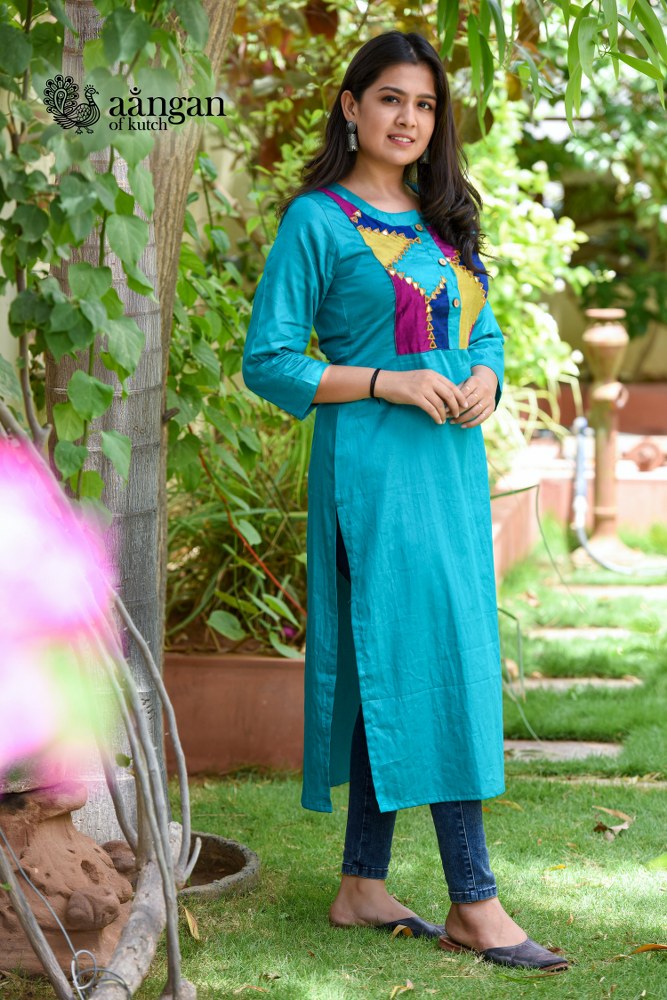 Vichitra Silk With ajrakh Patch work kurti Mirror Handwork on yoke A Line  style kurti 3/4th sleeve Length 46 inches Price… | Instagram